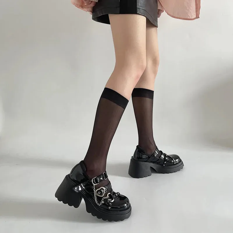 Sohiwoo Chain Platform Mary Janes Women Heart-Shaped Buckle Punk Gothic Shoes Woman Patent Leather Thick High Heels Lolita Shoes