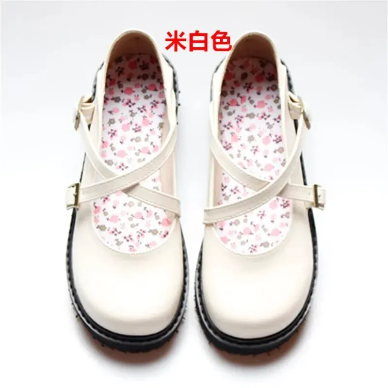 Sohiwoo Classic Retro Lolita Shoes Jk Student Mid Heel Flats Anime Cute Round Toe Cross Buckle Japanese Harujuku Cosplay Kawaii Shoes