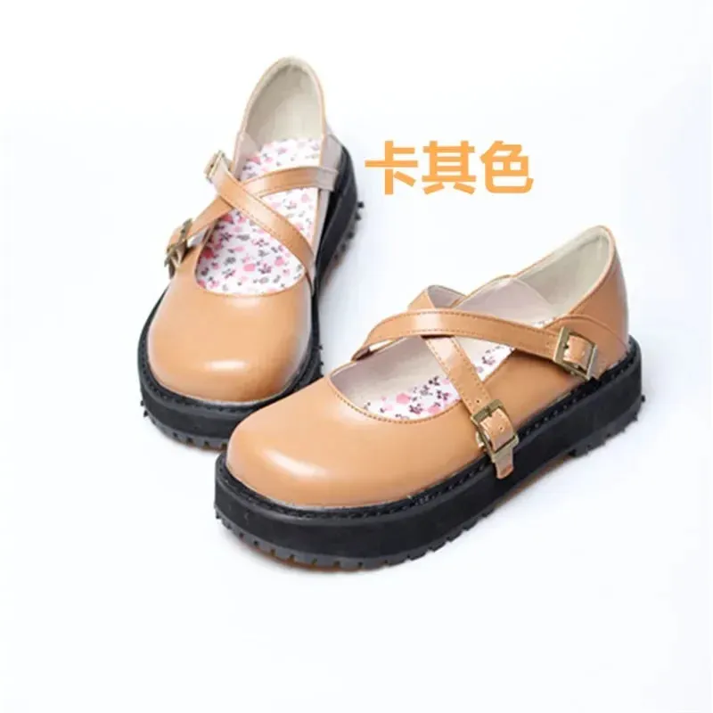 Sohiwoo Classic Retro Lolita Shoes Jk Student Mid Heel Flats Anime Cute Round Toe Cross Buckle Japanese Harujuku Cosplay Kawaii Shoes