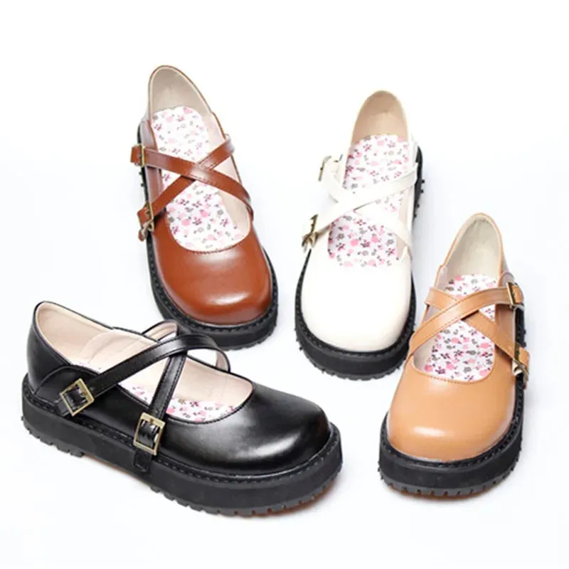 Sohiwoo Classic Retro Lolita Shoes Jk Student Mid Heel Flats Anime Cute Round Toe Cross Buckle Japanese Harujuku Cosplay Kawaii Shoes