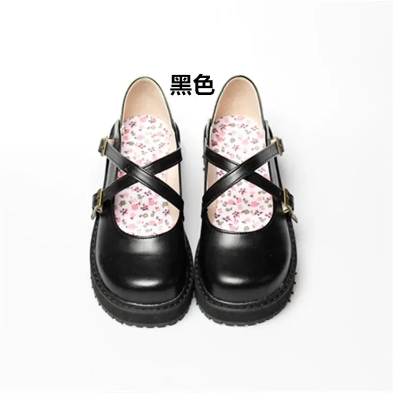 Sohiwoo Classic Retro Lolita Shoes Jk Student Mid Heel Flats Anime Cute Round Toe Cross Buckle Japanese Harujuku Cosplay Kawaii Shoes