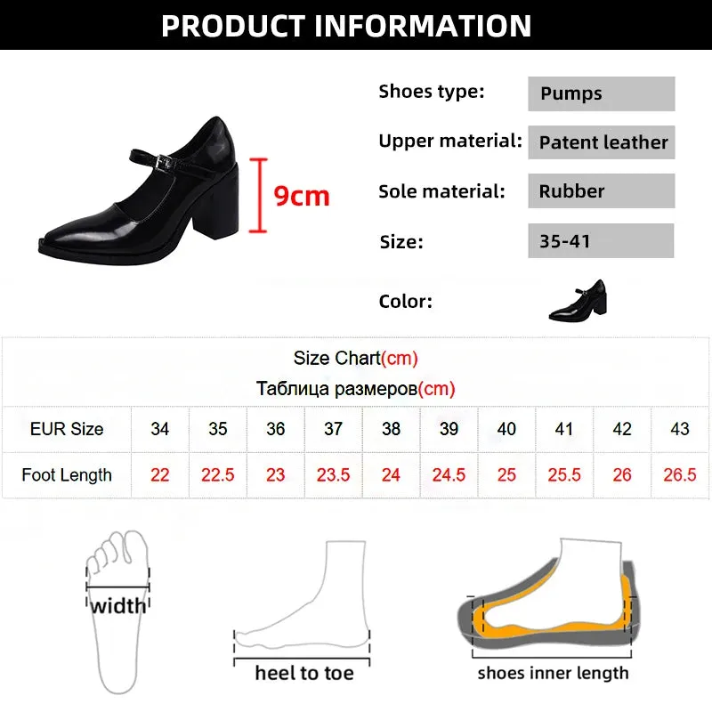 Sohiwoo Elegant Pointed Toe Chunky Heeled Pumps Women Fashion Patent Leather Mary Jane Shoes Woman Black Thick High Heels Party Shoes