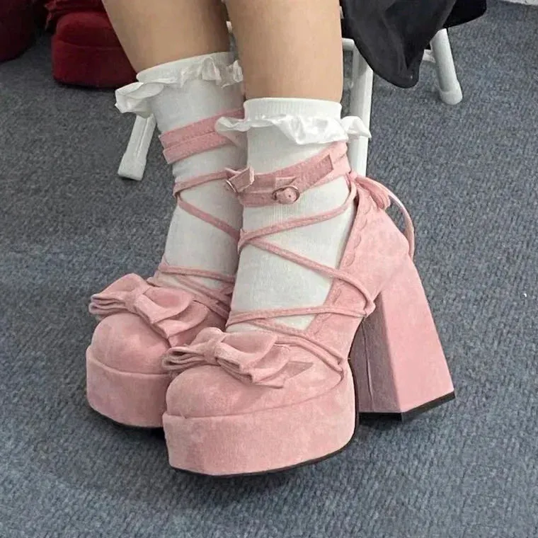 Sohiwoo Fairy Style Fashion Solid Color Round Toe Chunky Heel Mary Jane Shoes Spring Autumn Sweet Cute Lolita Bow Bandage Women's Shoes