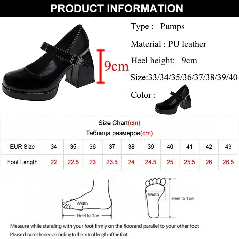 Sohiwoo Fashion Ankle Buckle Square Heels Pumps Women Patent Leather Platform Mary Jane Shoes Woman Sexy Super High Heel Party Shoes