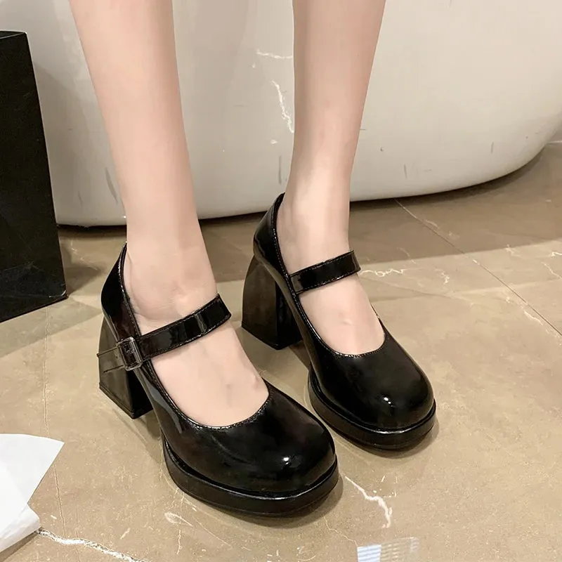 Sohiwoo Fashion Ankle Buckle Square Heels Pumps Women Patent Leather Platform Mary Jane Shoes Woman Sexy Super High Heel Party Shoes