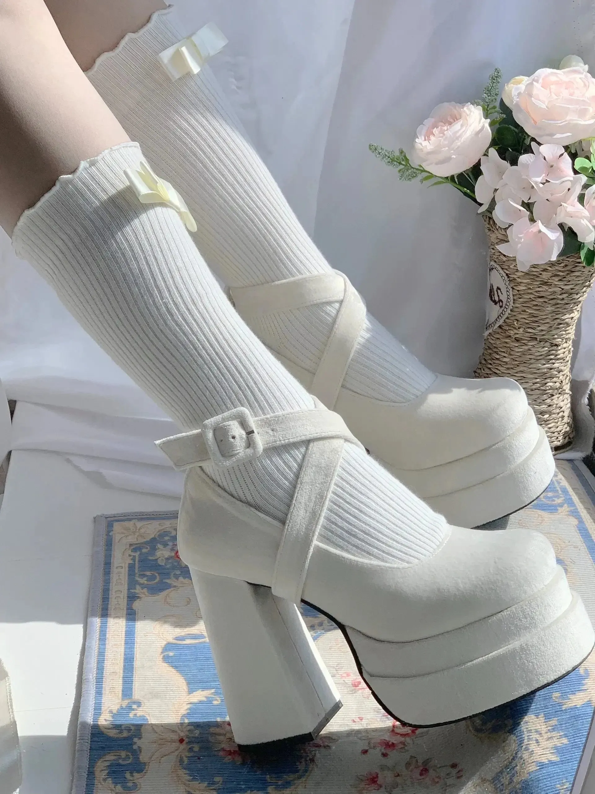 Sohiwoo Fashion Lolita All-Match Cross Strap Women High-Heeled Shoes Spring Autumn Mary Jane Shoes Sweet Square Toe Lace-Up High Heels