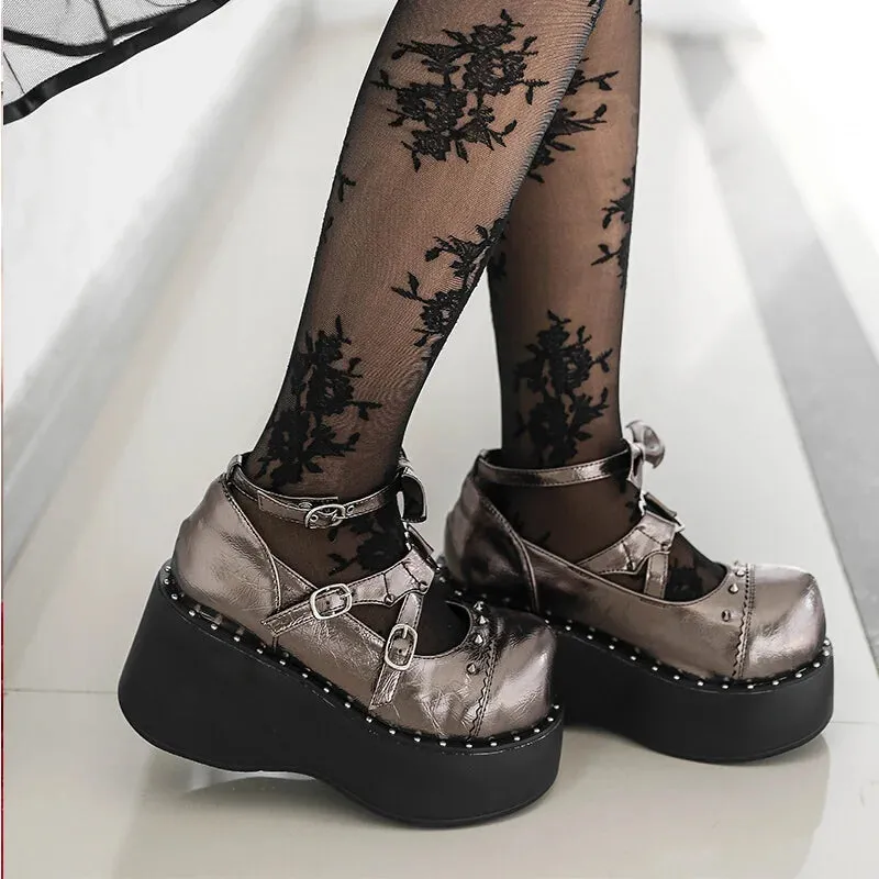 Sohiwoo High-heeled 7cm Platform Lolita Shoes Thick Heel Spice Girl Pu Leather Punk Wind Gothic Sexy Harujuku Japanese Girls Wedge Shoe