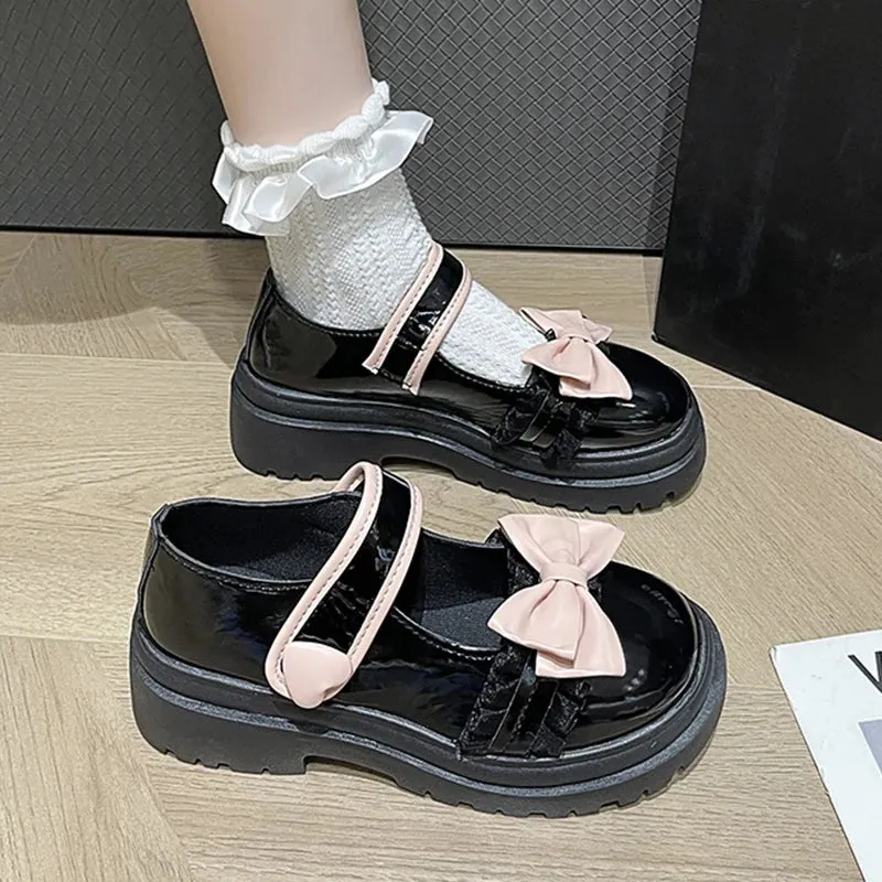 Sohiwoo Kawaii Bowtie White Lolita Shoes Women Autumn Japan Style Platform Mary Jane Shoes Woman Patent Leather Thick Heels Pumps