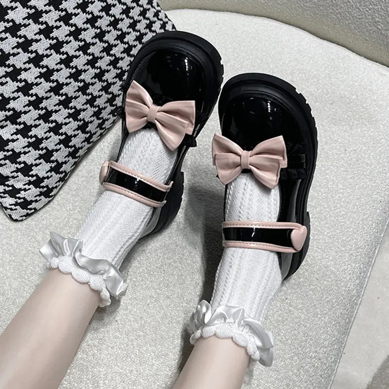 Sohiwoo Kawaii Bowtie White Lolita Shoes Women Autumn Japan Style Platform Mary Jane Shoes Woman Patent Leather Thick Heels Pumps