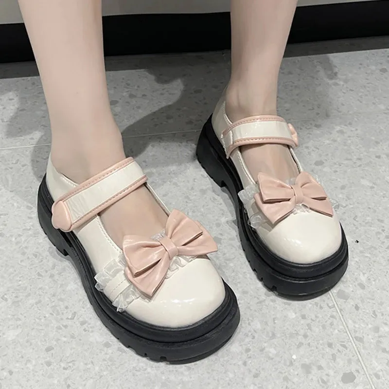 Sohiwoo Kawaii Bowtie White Lolita Shoes Women Autumn Japan Style Platform Mary Jane Shoes Woman Patent Leather Thick Heels Pumps