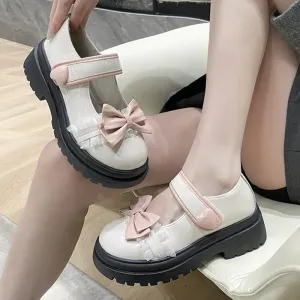 Sohiwoo Kawaii Bowtie White Lolita Shoes Women Autumn Japan Style Platform Mary Jane Shoes Woman Patent Leather Thick Heels Pumps