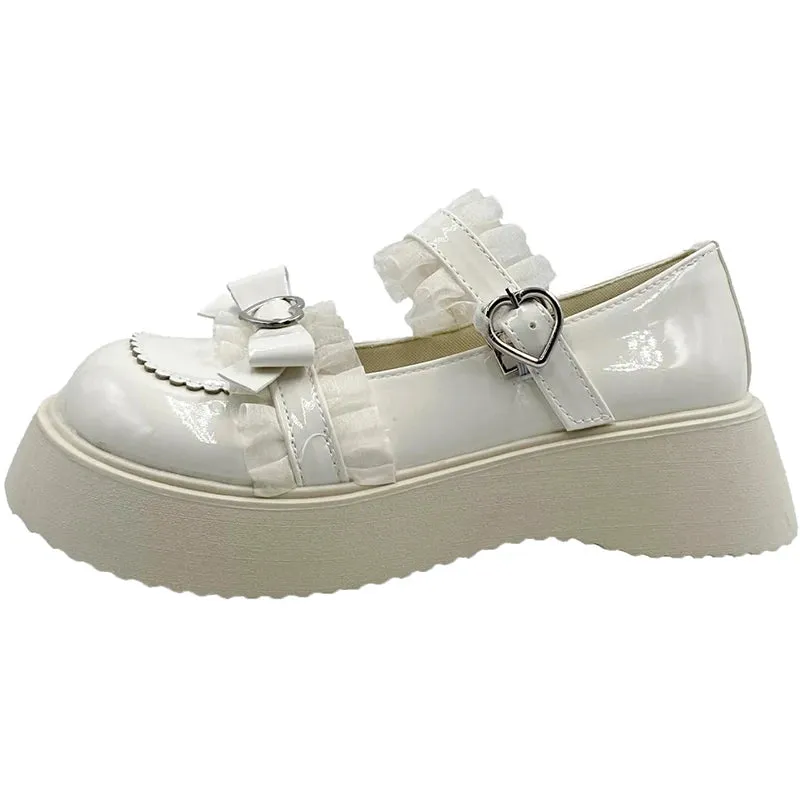 Sohiwoo Kawaii Lace Bowknot White Lolita Shoes Women 2022 Heart Buckle Platform Mary Janes Woman Japanese Style Patent Leather Jk Shoes