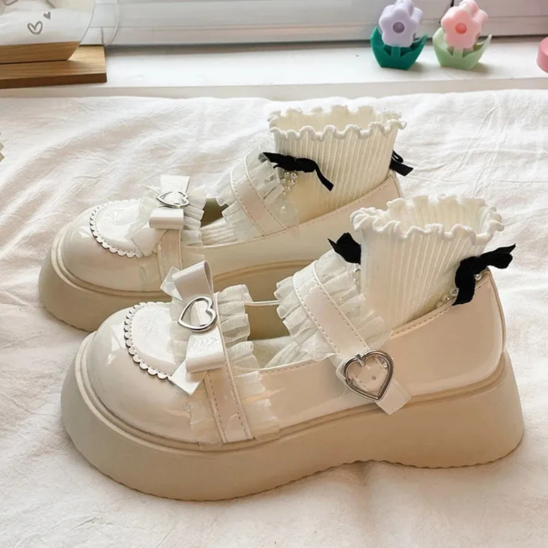 Sohiwoo Kawaii Lace Bowknot White Lolita Shoes Women 2022 Heart Buckle Platform Mary Janes Woman Japanese Style Patent Leather Jk Shoes