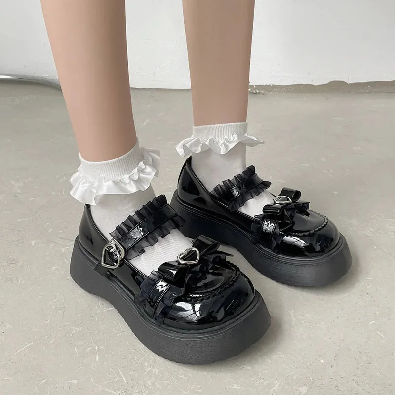 Sohiwoo Kawaii Lace Bowknot White Lolita Shoes Women 2022 Heart Buckle Platform Mary Janes Woman Japanese Style Patent Leather Jk Shoes