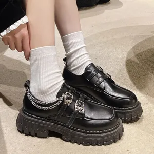 Sohiwoo Metal Chain Platform Pumps Women 2024 Black Gothic Mary Jane Lolita Shoes Woman Butterfly Buckle Patent Leather Jk Uniform Shoes