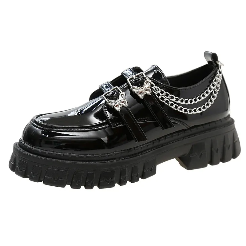 Sohiwoo Metal Chain Platform Pumps Women 2024 Black Gothic Mary Jane Lolita Shoes Woman Butterfly Buckle Patent Leather Jk Uniform Shoes