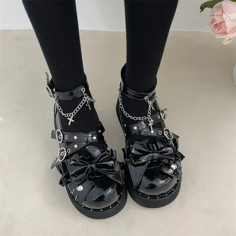 Sohiwoo New Buckle Punk Gothic Shoes for Women Fashion Chain Chunky Platform Mary Janes Woman Black Rivet Ankle Strap Wedge Pumps