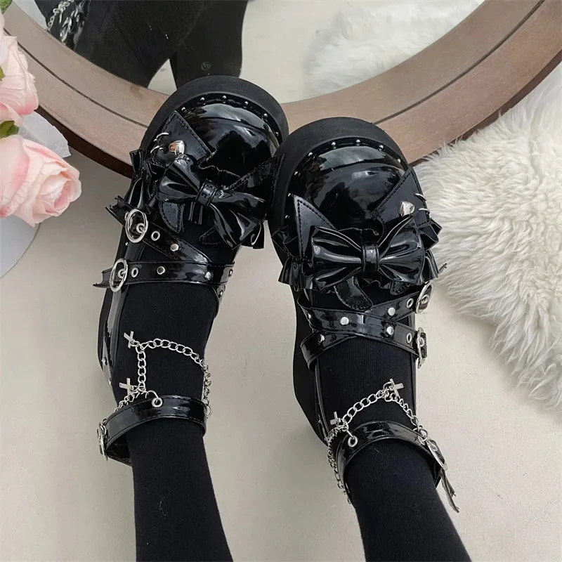 Sohiwoo New Buckle Punk Gothic Shoes for Women Fashion Chain Chunky Platform Mary Janes Woman Black Rivet Ankle Strap Wedge Pumps