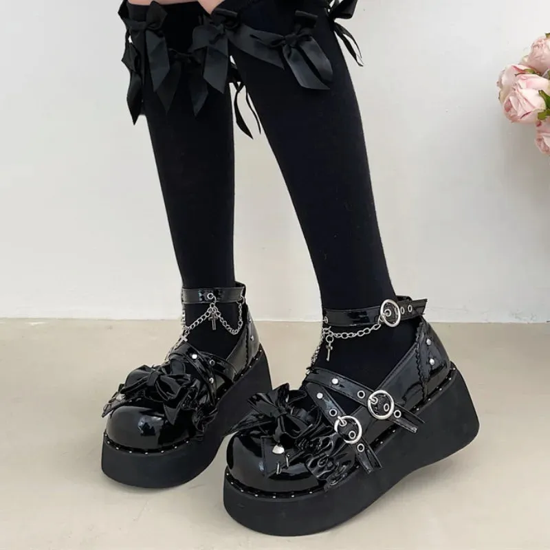 Sohiwoo New Buckle Punk Gothic Shoes for Women Fashion Chain Chunky Platform Mary Janes Woman Black Rivet Ankle Strap Wedge Pumps