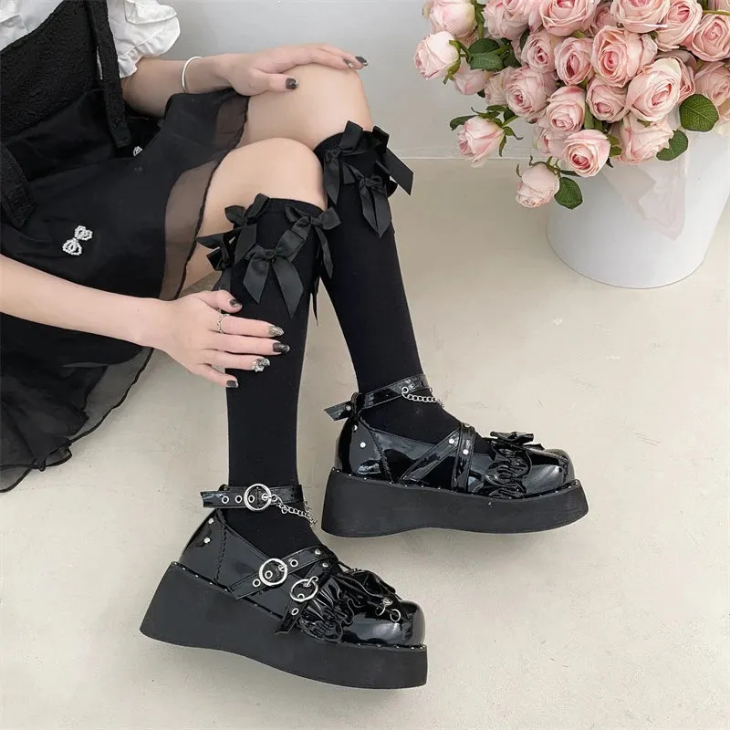 Sohiwoo New Buckle Punk Gothic Shoes for Women Fashion Chain Chunky Platform Mary Janes Woman Black Rivet Ankle Strap Wedge Pumps