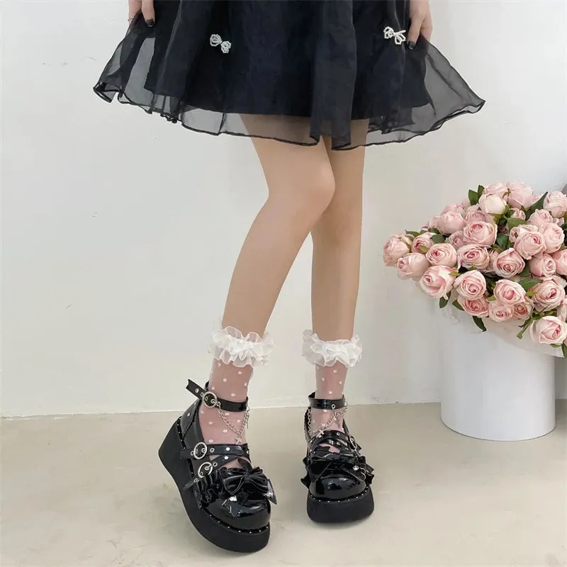 Sohiwoo New Buckle Punk Gothic Shoes for Women Fashion Chain Chunky Platform Mary Janes Woman Black Rivet Ankle Strap Wedge Pumps