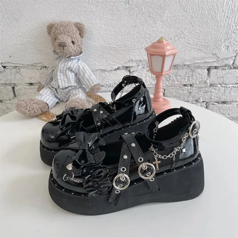 Sohiwoo New Buckle Punk Gothic Shoes for Women Fashion Chain Chunky Platform Mary Janes Woman Black Rivet Ankle Strap Wedge Pumps