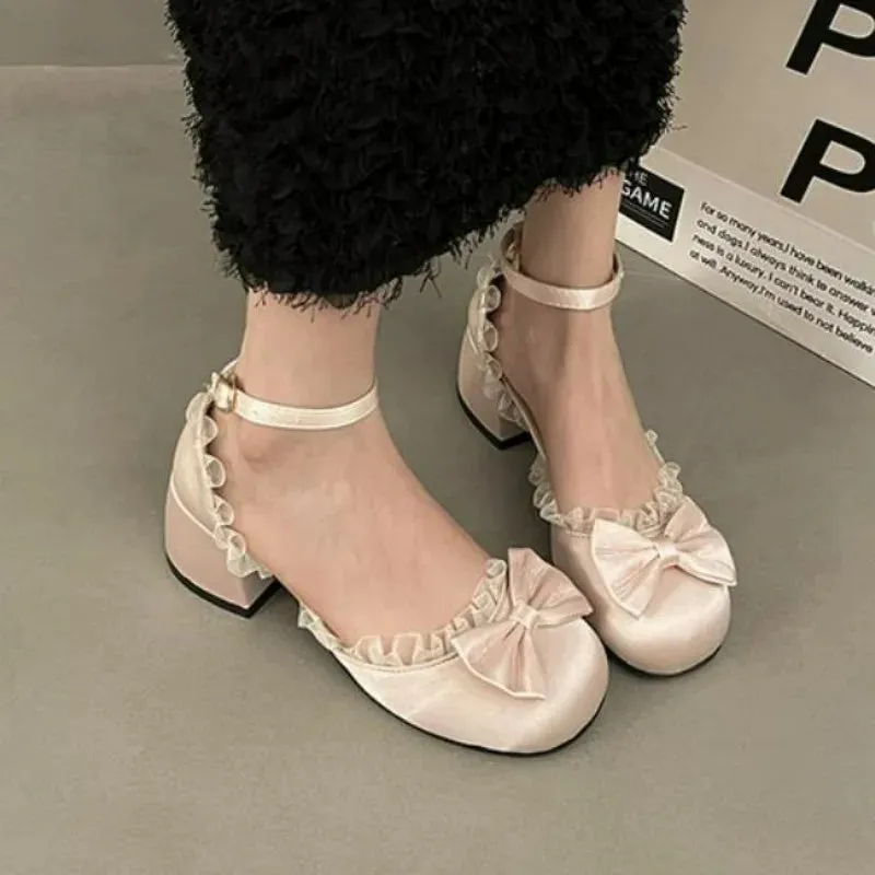 Sohiwoo New Thick High Heels Pumps Women Mary Jane Shoes Elegant Buckle Strap Office Career Party Dress Shoes Straps Bow Party Shoes