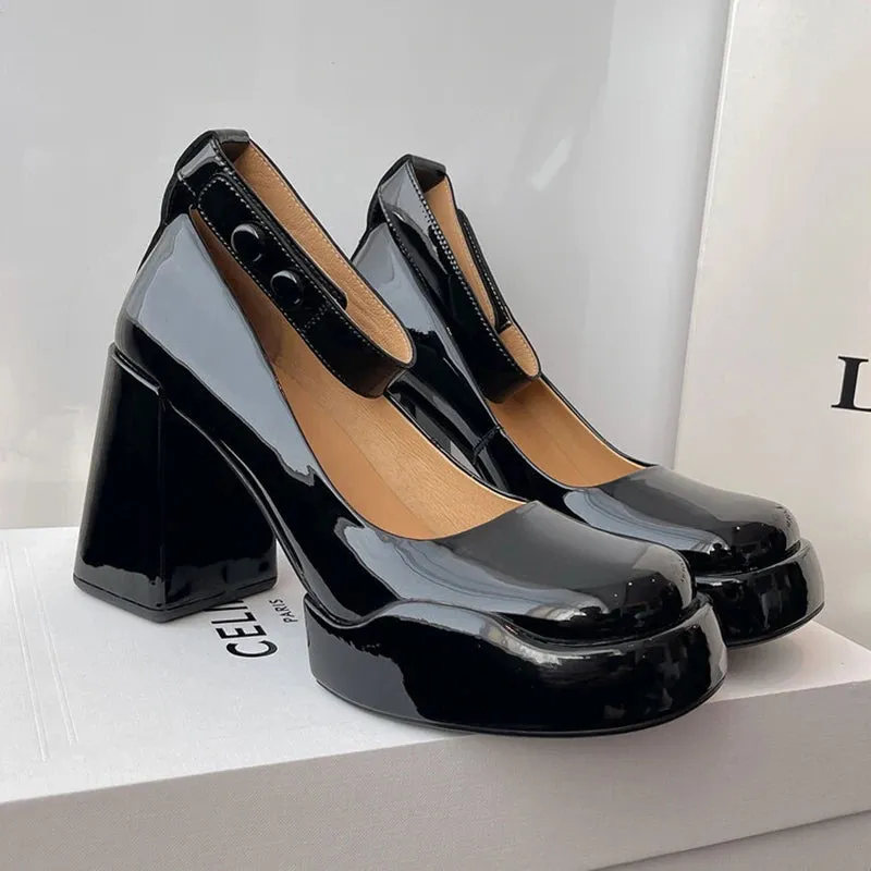 Sohiwoo Patent Leather High Heels Pumps Women  Autumn Thick Heel Chunky Platform Mary Jane Shoes Woman Black Ankle Straps Pump Shoes