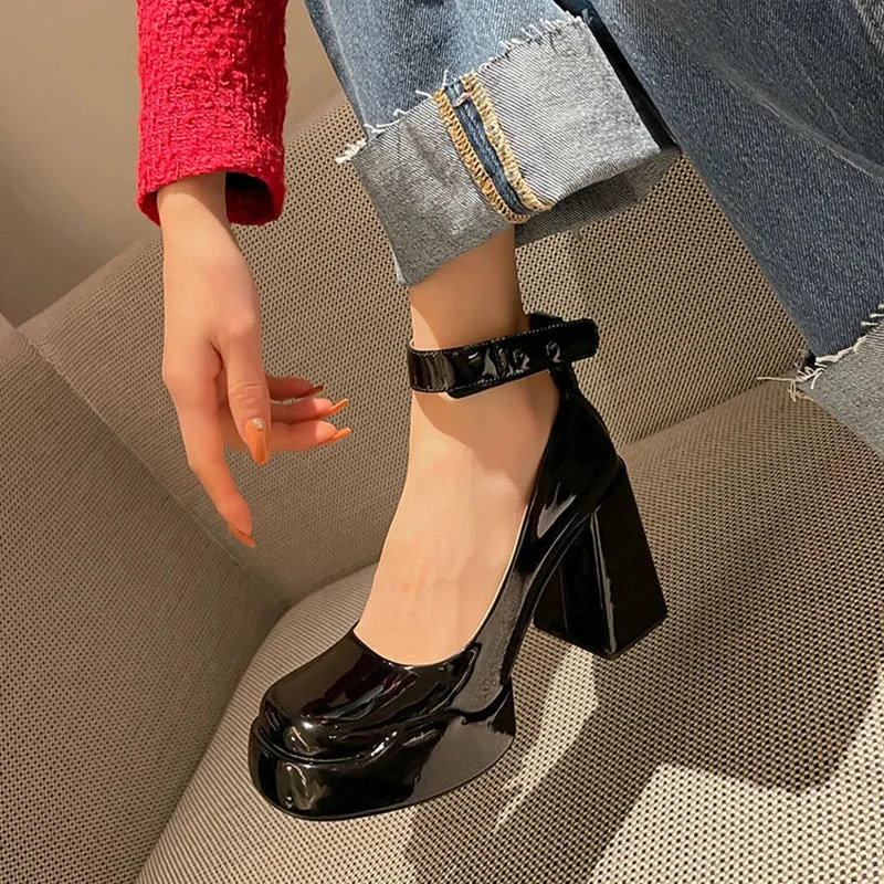 Sohiwoo Patent Leather High Heels Pumps Women  Autumn Thick Heel Chunky Platform Mary Jane Shoes Woman Black Ankle Straps Pump Shoes