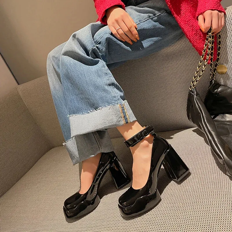 Sohiwoo Patent Leather High Heels Pumps Women  Autumn Thick Heel Chunky Platform Mary Jane Shoes Woman Black Ankle Straps Pump Shoes