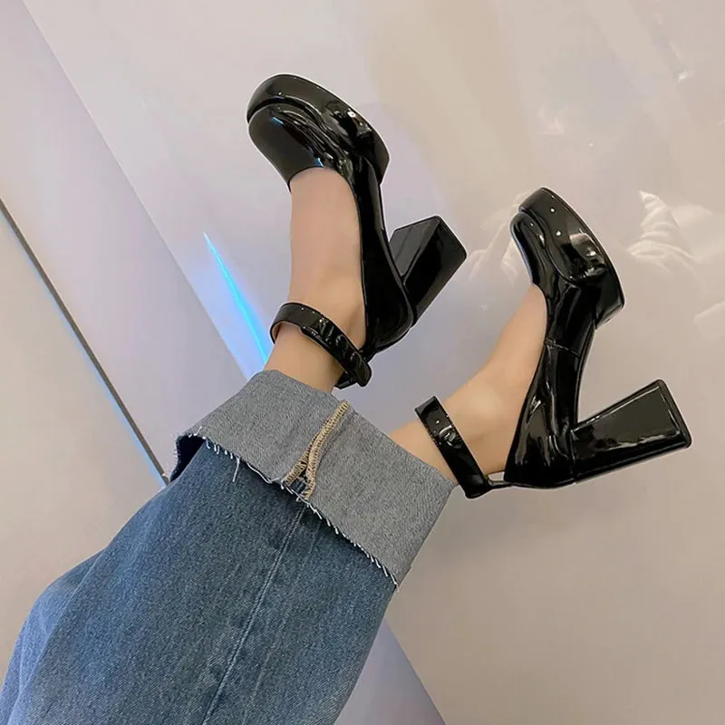 Sohiwoo Patent Leather High Heels Pumps Women  Autumn Thick Heel Chunky Platform Mary Jane Shoes Woman Black Ankle Straps Pump Shoes