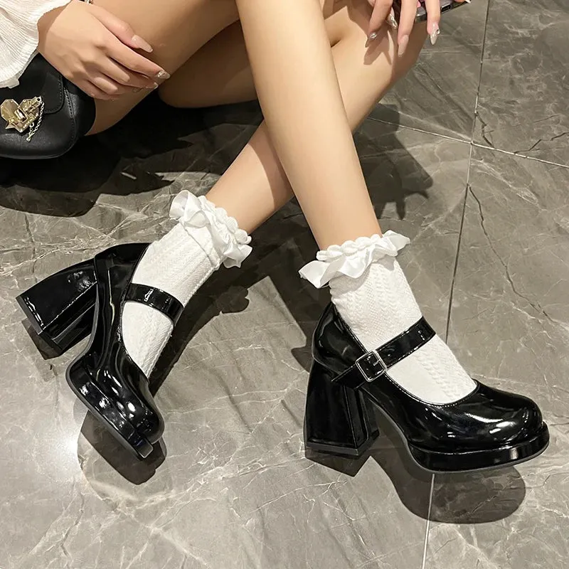 Sohiwoo Patent Leather Platform Pumps Women Elegant Square Heels Mary Jane Shoes Woman Ankle Buckle High Heeled Shoes Female