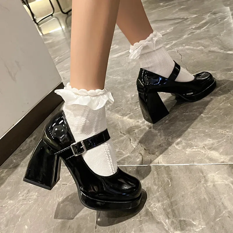 Sohiwoo Patent Leather Platform Pumps Women Elegant Square Heels Mary Jane Shoes Woman Ankle Buckle High Heeled Shoes Female