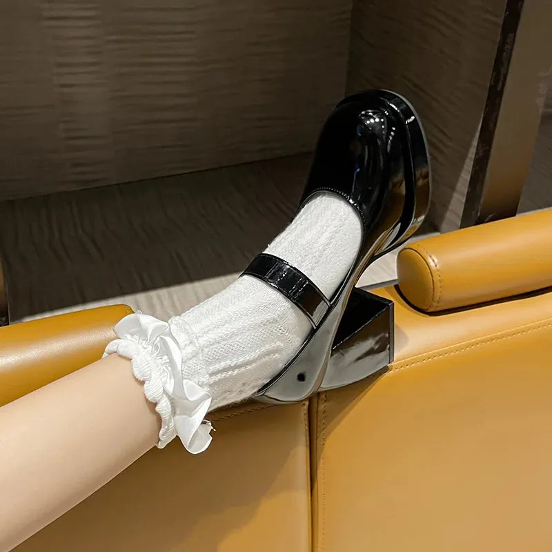 Sohiwoo Patent Leather Platform Pumps Women Elegant Square Heels Mary Jane Shoes Woman Ankle Buckle High Heeled Shoes Female