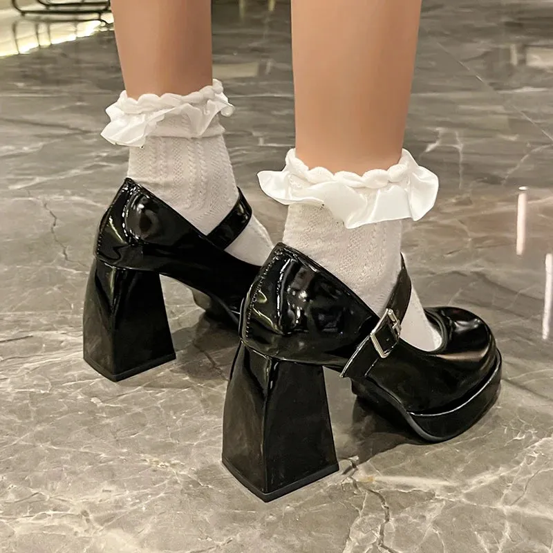 Sohiwoo Patent Leather Platform Pumps Women Elegant Square Heels Mary Jane Shoes Woman Ankle Buckle High Heeled Shoes Female