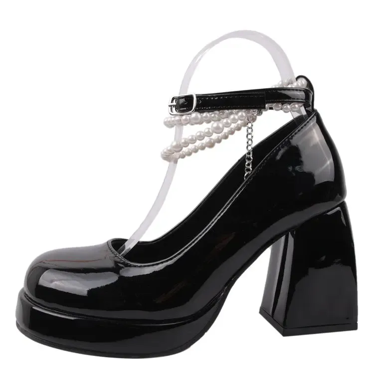 Sohiwoo Pearl Ankle Strap Platform Pumps Women New Patent Leather High Heels Mary Janes Woman Elegant Chunky Heeled Party Shoes