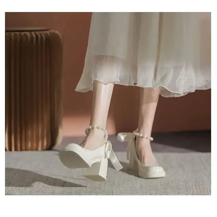 Sohiwoo Pearl high heels female French temperament new spring and fall round head single shoes bow thick with Mary Jane shoes