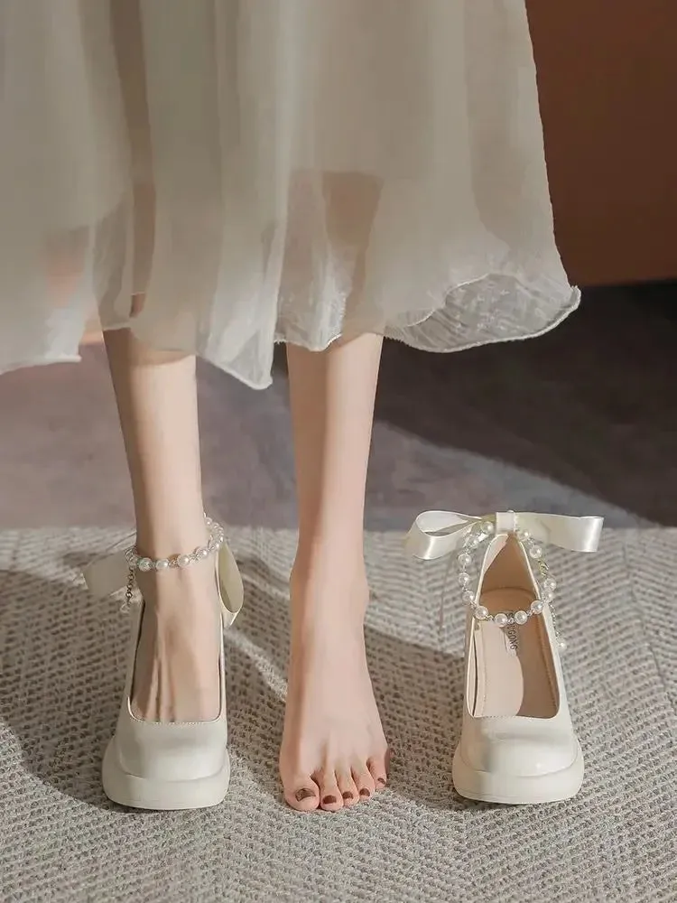 Sohiwoo Pearl high heels female French temperament new spring and fall round head single shoes bow thick with Mary Jane shoes