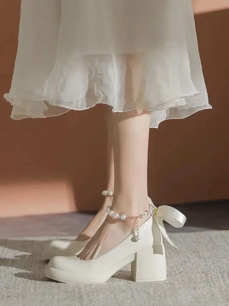 Sohiwoo Pearl high heels female French temperament new spring and fall round head single shoes bow thick with Mary Jane shoes