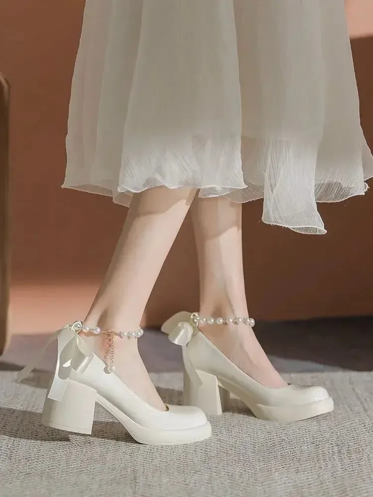 Sohiwoo Pearl high heels female French temperament new spring and fall round head single shoes bow thick with Mary Jane shoes