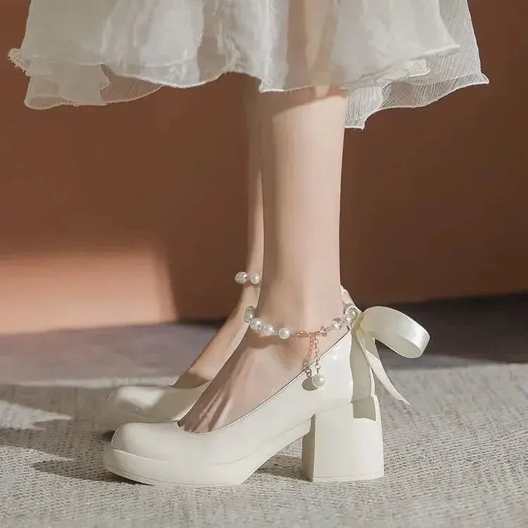 Sohiwoo Pearl high heels female French temperament new spring and fall round head single shoes bow thick with Mary Jane shoes