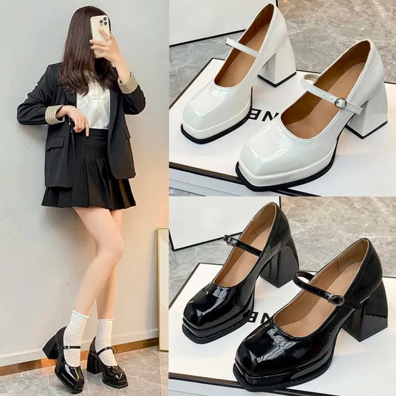 Sohiwoo Summer New Solid Color Simple High Heels Versatile Thick Heels Comfortable Shopping Casual Mary Jane High Heels