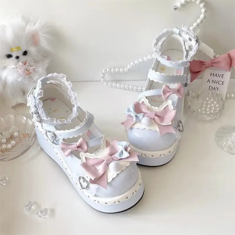 Sohiwoo Sweet Girls Lolita Cute Bowknots Platform Shoes Kawaii Love Buckle Alice Flat Elevator Shoes Mary Janes