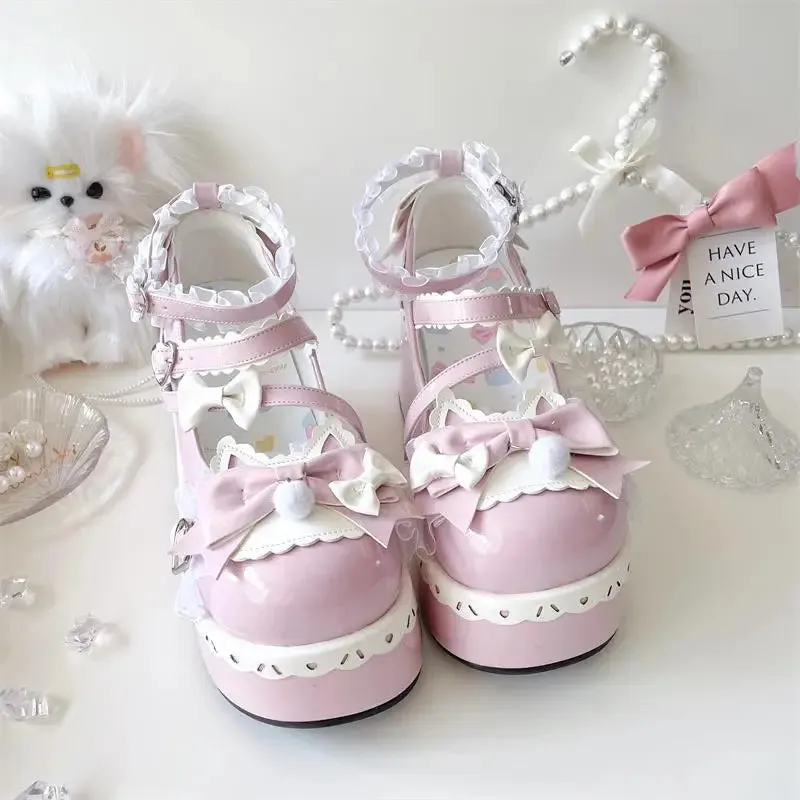 Sohiwoo Sweet Girls Lolita Cute Bowknots Platform Shoes Kawaii Love Buckle Alice Flat Elevator Shoes Mary Janes