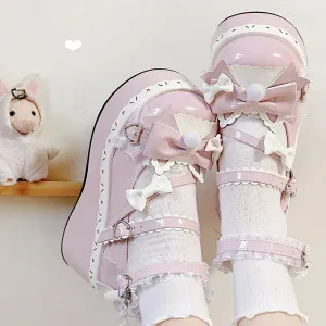 Sohiwoo Sweet Girls Lolita Cute Bowknots Platform Shoes Kawaii Love Buckle Alice Flat Elevator Shoes Mary Janes