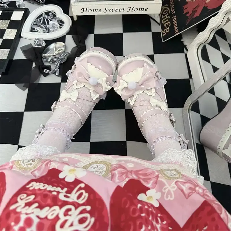 Sohiwoo Sweet Girls Lolita Cute Bowknots Platform Shoes Kawaii Love Buckle Alice Flat Elevator Shoes Mary Janes