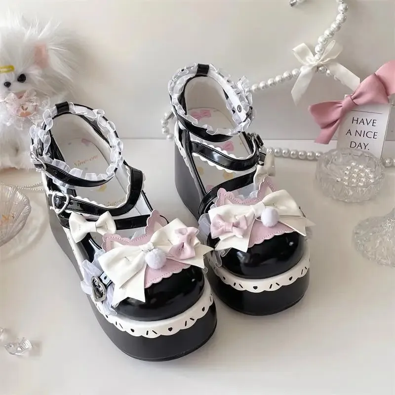 Sohiwoo Sweet Girls Lolita Cute Bowknots Platform Shoes Kawaii Love Buckle Alice Flat Elevator Shoes Mary Janes