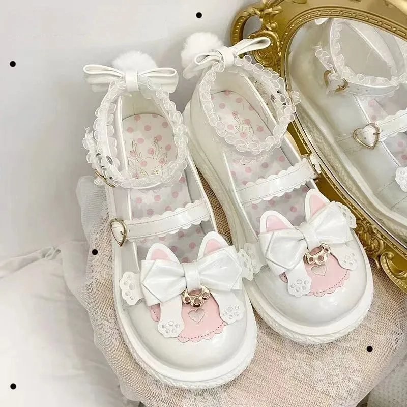 Sohiwoo Sweet Girls Lolita Cute Cat Bowknots Flat Shoes,Students School Kawaii Princess Mary Janes Big Head Shoes