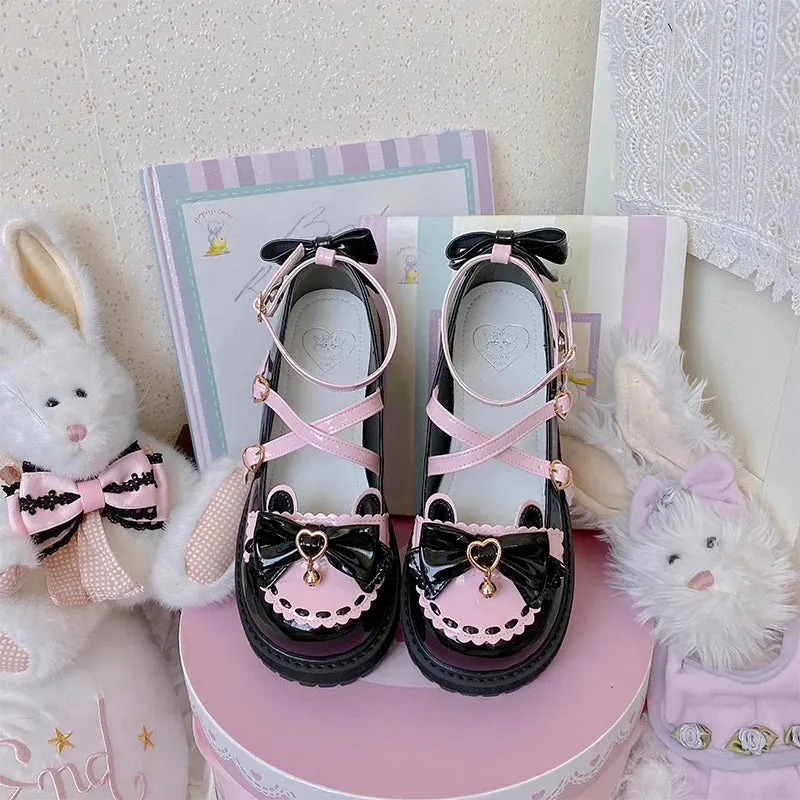 Sohiwoo Sweet Girls Lolita Sweet Bowknots Platform Shoes,Students Kawaii Small Bell Heart Shaped Straps Flat Elevator Mary Janes