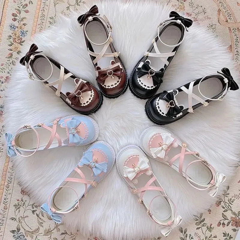 Sohiwoo Sweet Girls Lolita Sweet Bowknots Platform Shoes,Students Kawaii Small Bell Heart Shaped Straps Flat Elevator Mary Janes